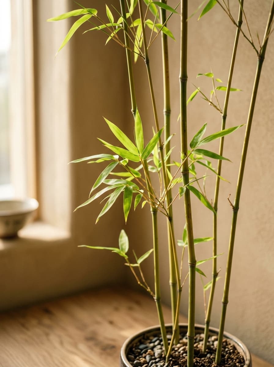 Serene live bamboo plant in minimalist calm interior