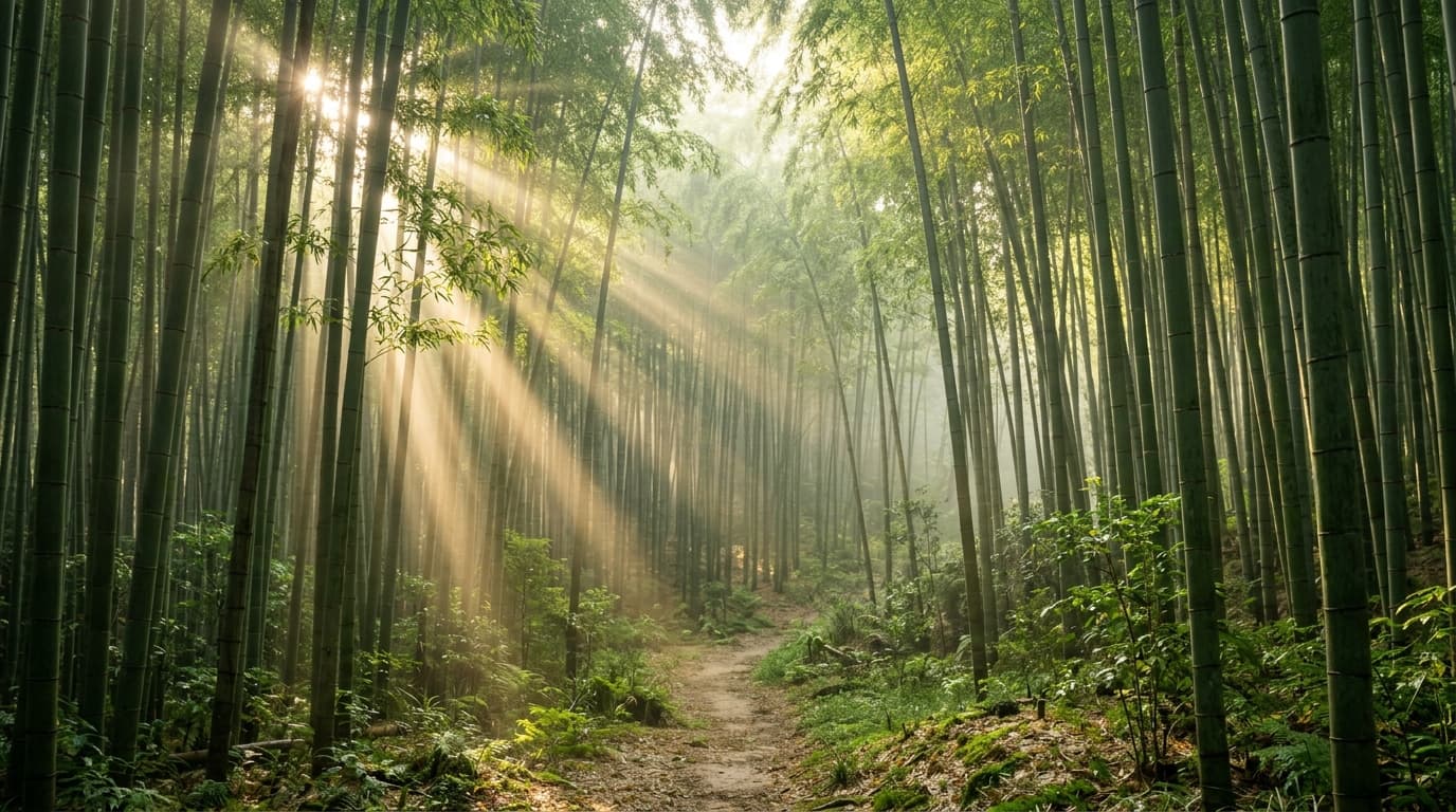 Lush misty wild bamboo forest with morning sunbeams where sustainable Moso bamboo is harvested